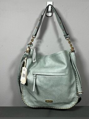 Jessica Simpson Mint Green Paisley-Embossed Shoulder Bag with Gold Studs